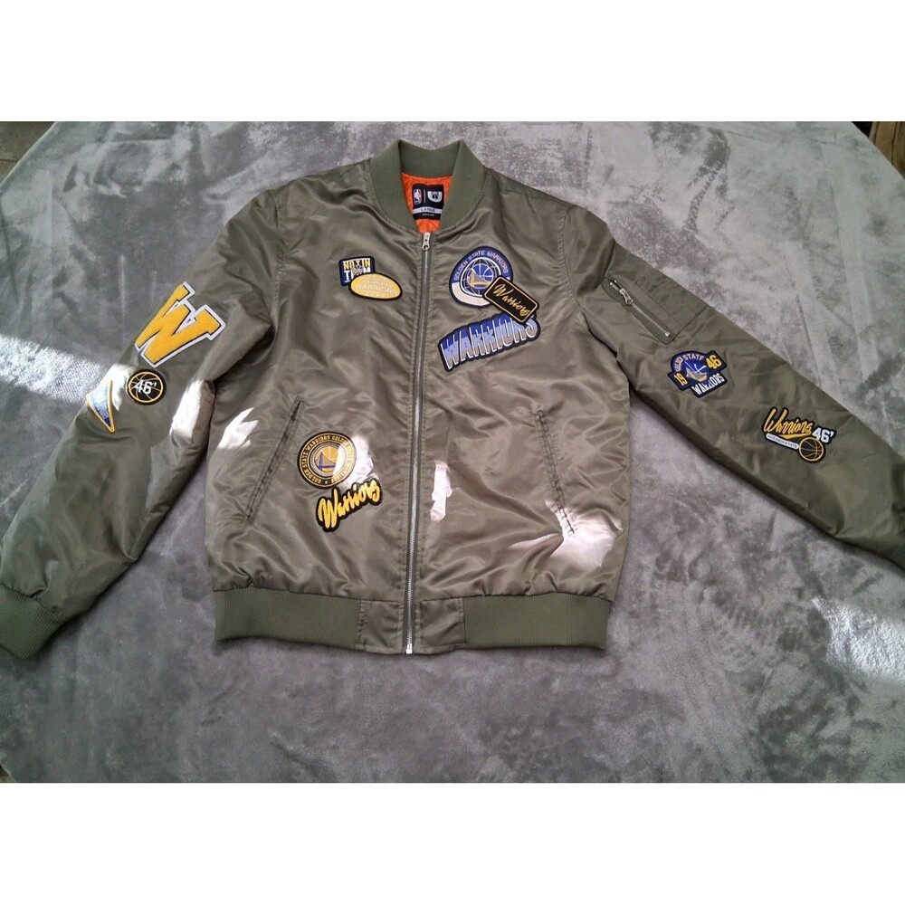 Golden State Warriors Jacket Mens Large Green NBA Basketball Bomber Patches